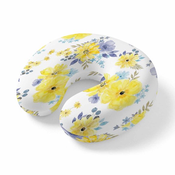 Travel Pillows U Shape Memory Foam Yellow Watercolor Floral Plane Neck Pillows Head Support Comfort Portable Spring Flower Leaves Headrest Neck Pillow for Airplane Car Office Home Chair Sleeping