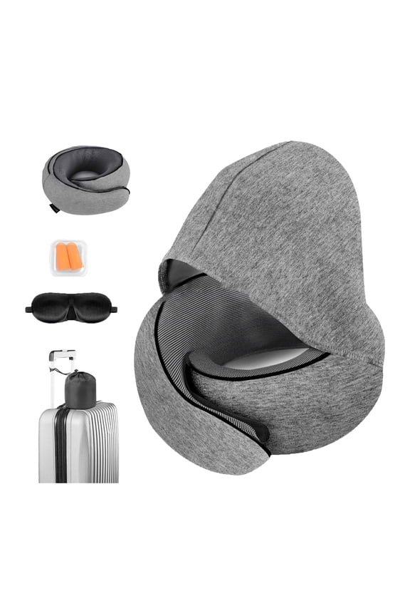 Travel Neck Pillows for Airplanes, Memory Foam Travel Neck Pillow with Hood, Eye Mask & Ear Plugs, Comfortable Breathable Cover, Neck Support Pillow for Offices, Cars & Sleeping