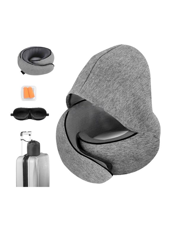 Travel Neck Pillows for Airplanes, Memory Foam Travel Neck Pillow with Hood, Eye Mask & Ear Plugs, Comfortable Breathable Cover, Neck Support Pillow for Offices, Cars & Sleeping
