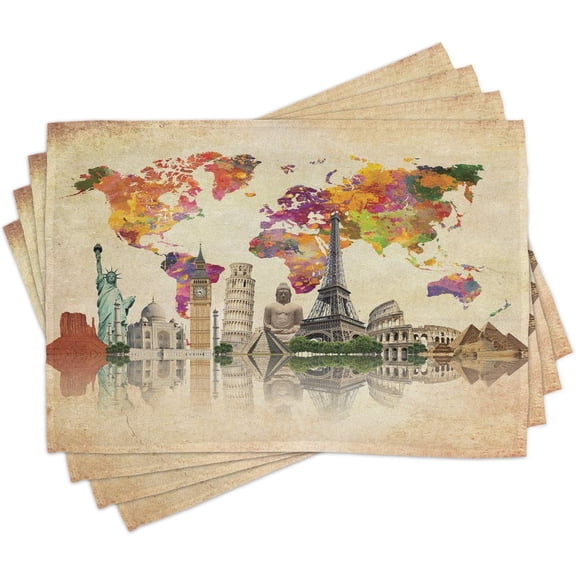 Travel Place Mats Set of 4, Landmarks of The World 7 Wonders Europe Asia and America Abstract Map Modern, Washable Fabric Placemats for Dining Table, Standard Size, Sepia Cream