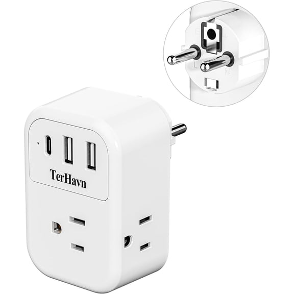 Travel Plug Adapter,TerHavn International Power Converter with 3 Outlets 3 USB Ports, with USB C Charger Adapter for Italy, France, Spain, Germany, Iceland, Portugal -US to Europe Travel Essentials