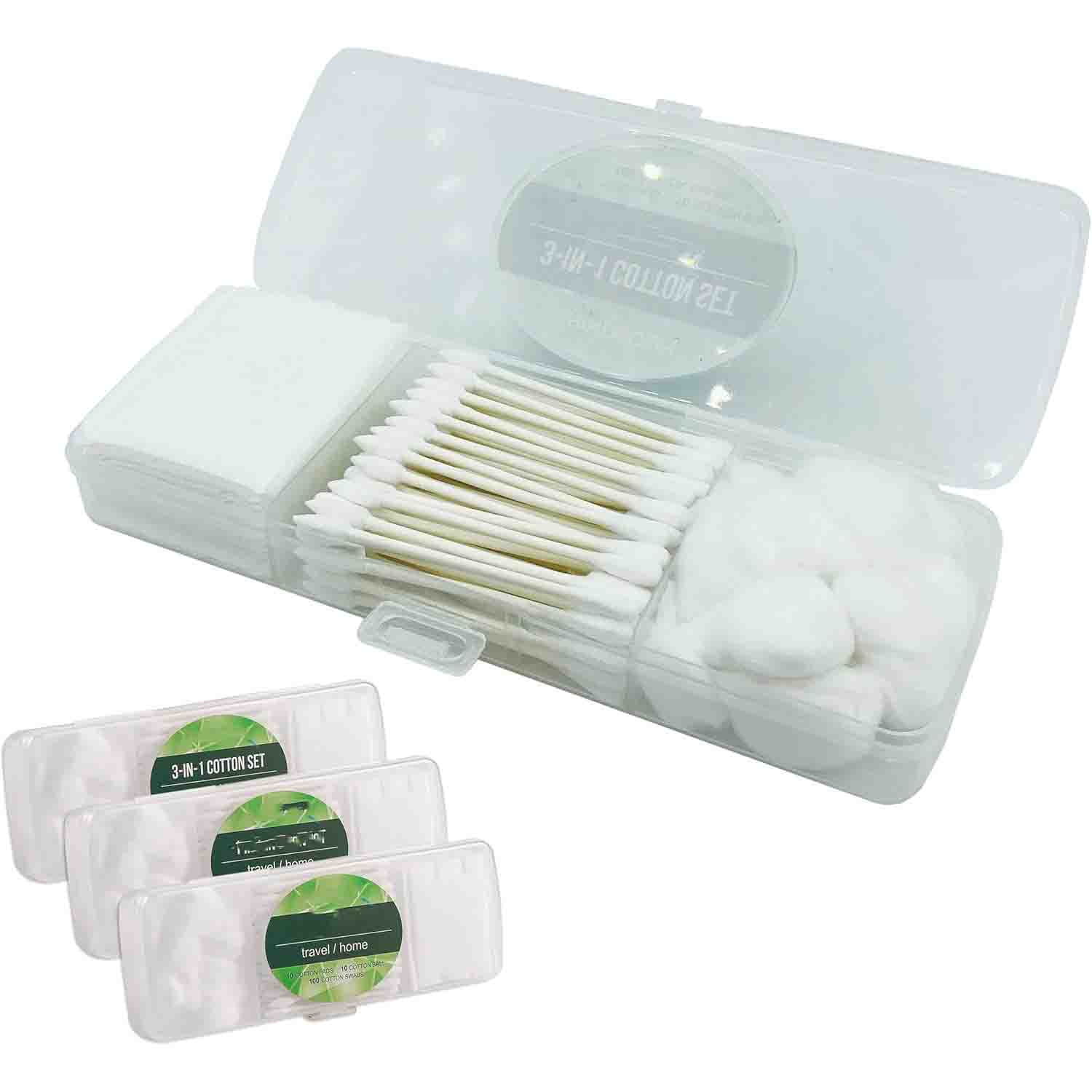 Travel Portable Cotton Swabs Set: Cotton Swabs, Cotton Pads, Cotton Balls in Reusable Storage Box for Cosmetics, Makeup Remover, Nail Polish Remover