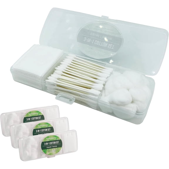 Travel Portable Cotton Swabs t:100 Cotton Swabs, 10 Cotton Pads, 10 Cotton Balls in Reusable Storage Box for Ear, Cosmetics, Makeup Remover,Nail Polish Remover(Pack of 3)