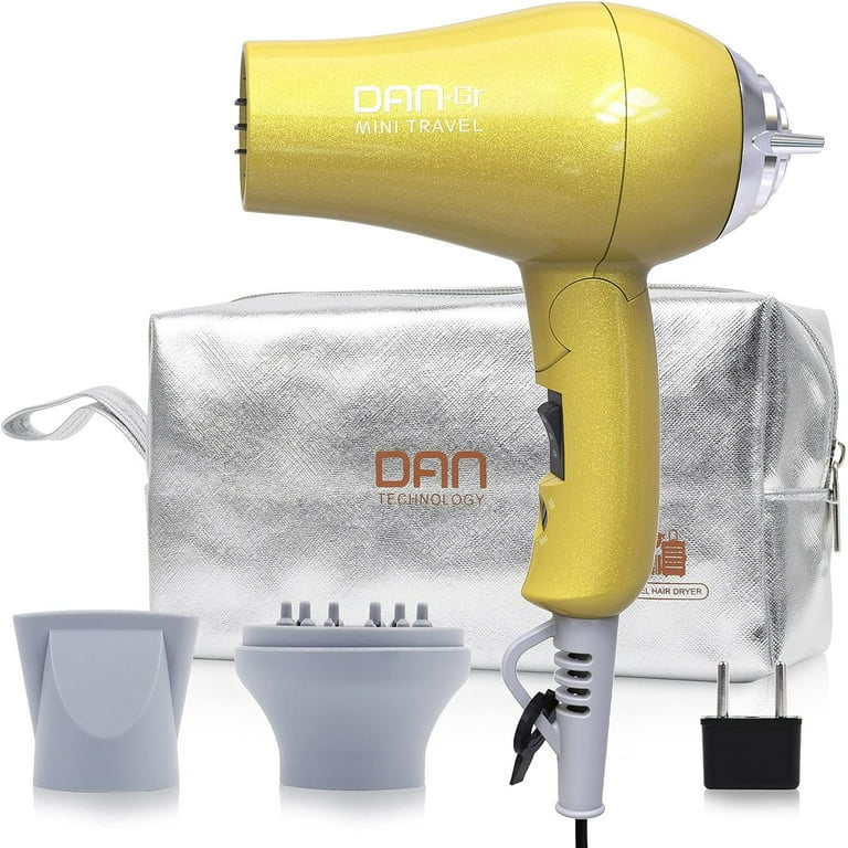 Travel Portable Foldable Hair Dryer Dual Voltage 125 250V with Two Concentrator Diffuser Nozzles Gold