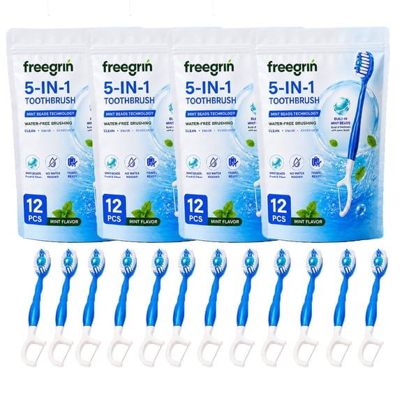 Travel Portal 5-in-1 Disposable Toothbrush Kit with Waterless Mint Burst Beads and Tongue Scraper, Individually Wrapped, 12 Count Per Pack, 4 Pack