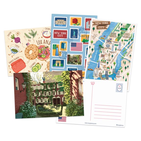 Travel Postcards 4x6 Inches 12pcs 4 Designs Artist-Illustrated Cards for Mailing and Collecting