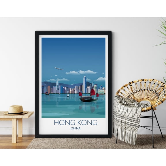 Travel Poster of Hong Kong , Travel Print of Hong Kong, City of Hong Kong, China, Hong Kong Cityscape, 8x12 UNFRAMED