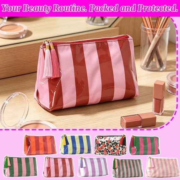 Travel Pouch, Striped Zipper Tassel Cosmetic Pouch, Waterproof Travel Cosmetic Bag, 9X6X3.5 Inch Makeup Bag Organizer, Smooth Wipeable Storage Bag That Keeps All Your Makeup,