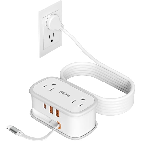 Travel Power Strip, Flat Plug Power Strip with Retractable USB C Cable, 5 FT Short Extension Cord with 2 AC Outlets 3 USB Ports(1 USB C), Small Portable Travel Accessories, Cruise Ship Essentials