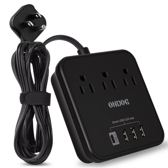 ONDOG Power Strip - 3 AC Outlets and 4 USB Ports (1 USB-C), 5 ft Extension Cord Without Surge Protection Cruise Approved, Black