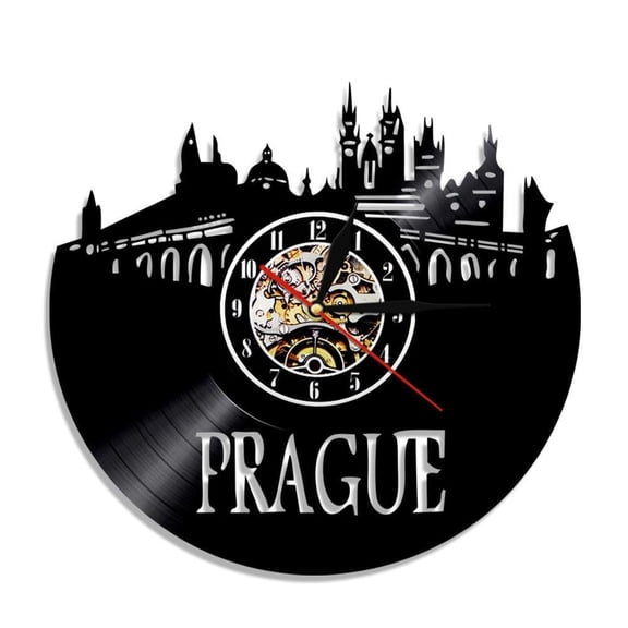 Travel Prague Wall Clock Czech Republic Cityscape Wall Art Vinyl Record Wall Clock Prague Skyline Home Decor Modern Wall Clock Without LED