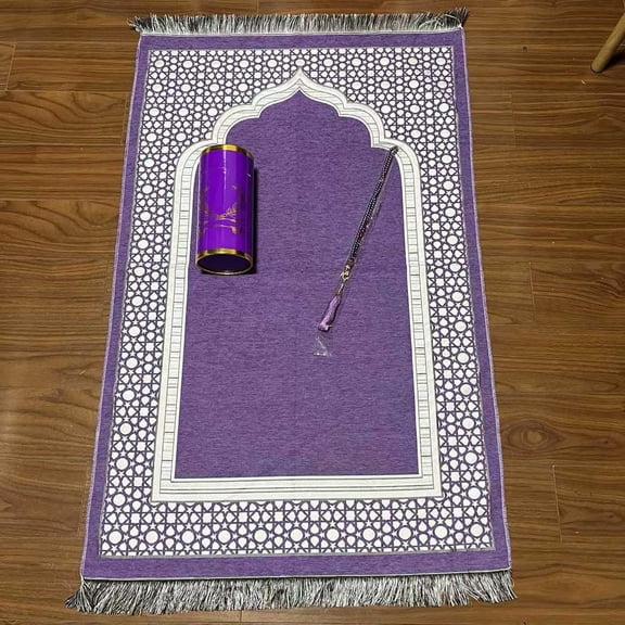Travel Prayer Mat with Prayer Beads for Muslim Islamic Worship, Soft Portable Rug Brown Blue