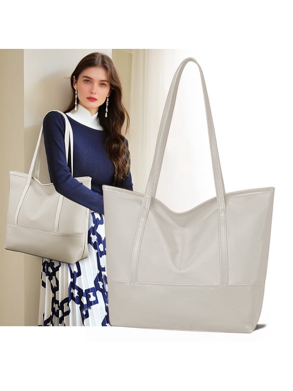 Travel Purses For Women,Oversized Tote Bag,16IN Ladies Tote Large Capacity Shoulder Bag Oxfords Cloth Splicing Soft Leather Tote Large Bag,Vintage Tote Bag Handbag Shopper Purse Bag(White)