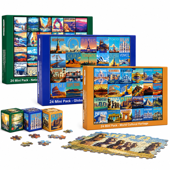Travel Puzzle Advent Calendar for Adults, 24 Mini Jigsaw Puzzle Packs, 1000-Piece World Heritage Christmas Countdown, Small Puzzle Gift for Travelers & Families