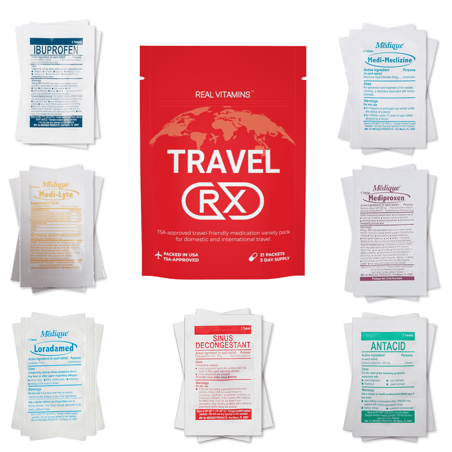 Travel RX Travel Medicine Pack Medication Variety for Travel with Bag