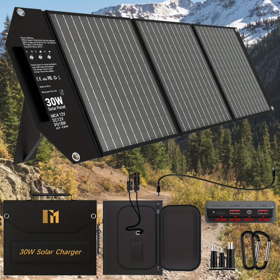 Travel-Ready 30W Solar Charger | Portable Foldable Panel with 18V MC4, Dual USB-A (QC3.0), and USB-C (PD18W) Ports, Fast Charging, Universal Compatibility