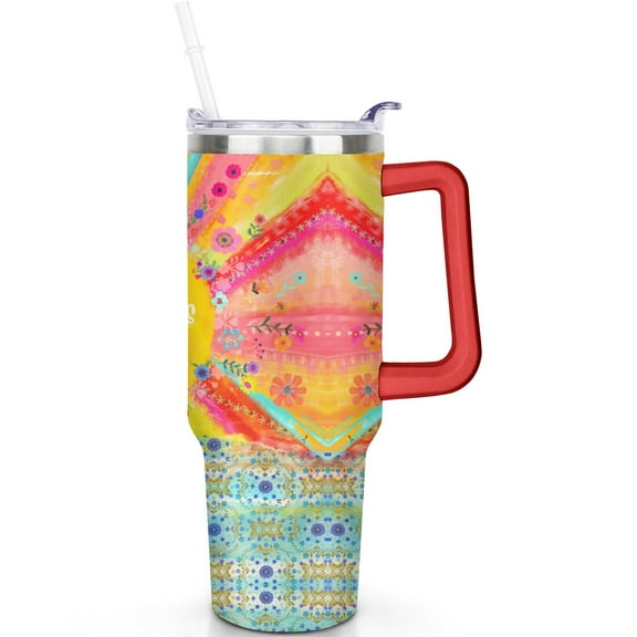 Travel-Ready 40oz Boho Tumblers with Lids Straws Vacuum Insulated Bohemia Tumbler with Handle Flip Straw Lid Leak Proof Stainless Steel Cup Mug Gifts for All