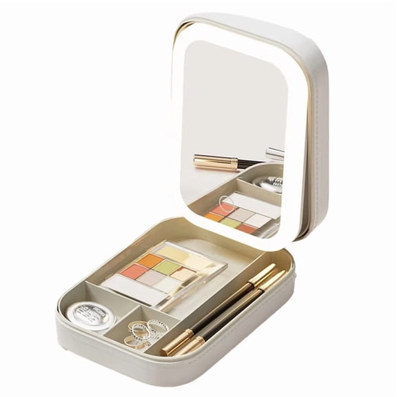 Travel-Ready LED Mirror Makeup Storage Box, 1-Pack, ABS Plastic Portable Cosmetic Case