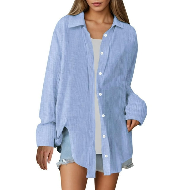 Travel-Ready Women'S Blouses, Light Blue Summer-To-Fall Transition Tops Unisex-Inspired Denim Button Down Blouses Oversized Lapel For Petite Women Machine-Washable Linen-Look Blue