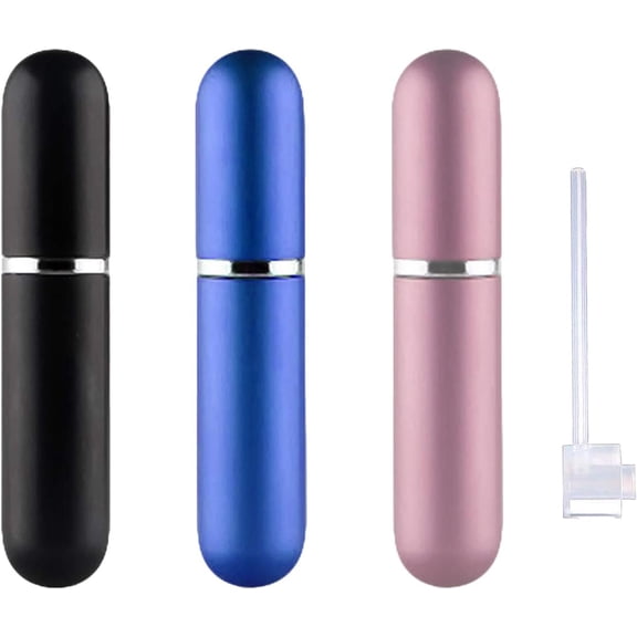 Travel Refillable Perfume Atomisers, 5ML, 3 Pcs Mini Portable Spray Bottles, Round Tube Set With 1 Flat Separated Tool, for Home Business Trip (Black+Blue+Champagne)(4pcs)