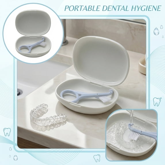 Travel Retainer and Denture Cleaning Box, Portable Braces Cleaner Case with Soaking Basket, Teeth Storage Container for Aligners and Mouth Guards, Easter Gifts, White