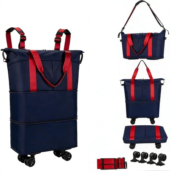 Travel Rolling Duffel Bag with Removable Wheels, Expandable Foldable Carry- Luggage for Trip or Hospitalization, Red & Navy Blue, Backpack Style