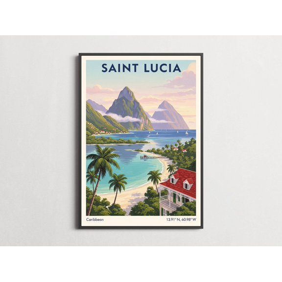 Travel Saint Lucia Pitons Vintage And Poster , Poster Print Only