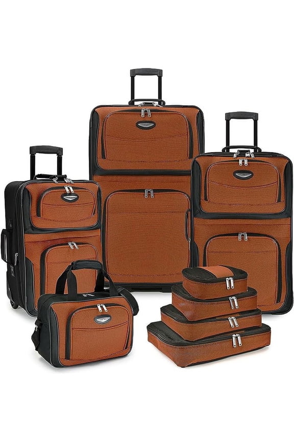Amsterdam Expandable Rolling Upright Luggage Set w/ Packing Cubes, Orange, 8-Piece Set
