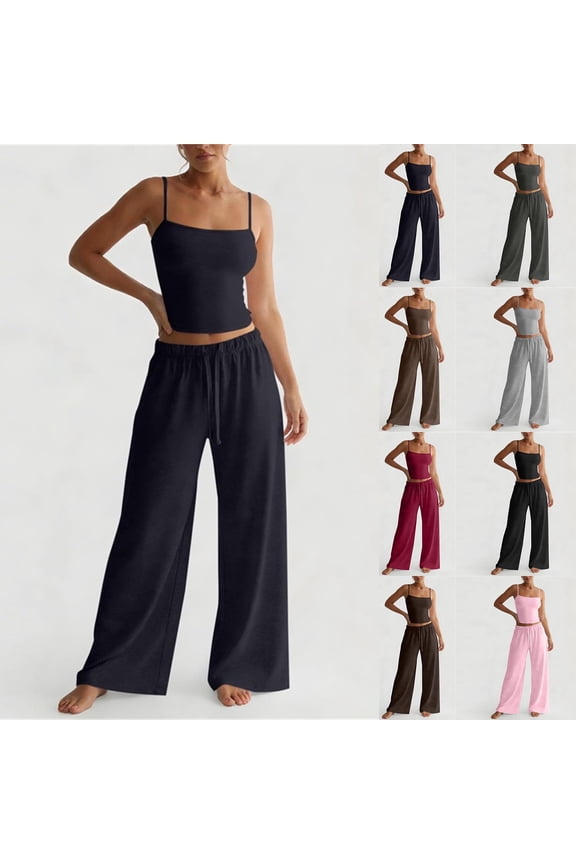 Travel Sets for Women 2 Piece Spaghetti Strap Crop Tank Tops and Wide Leg Pants Going Out Matching Outfit Comfy Lounge Sets