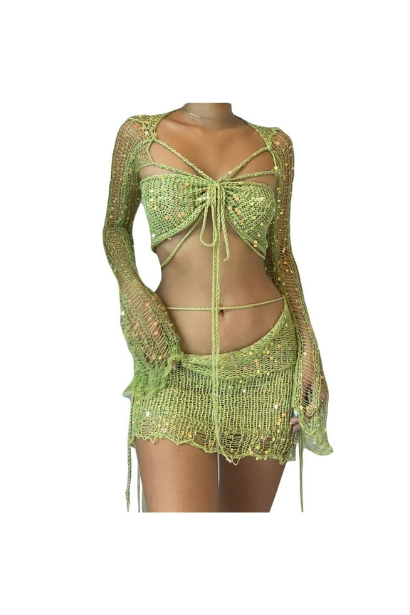 Travel Sets for Women New Beach Match Lounge Swimsuits Sets for Women Sequin Eyelet Crochet Skirts Swimwear Cover up Sets Green M