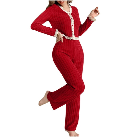 Travel Sets for Women New Pajama Sets for Women 2 Piece Long Sleeve Knit Fall Loungewear Crew Neck Button down Outfits Sleepwear Suits Red M