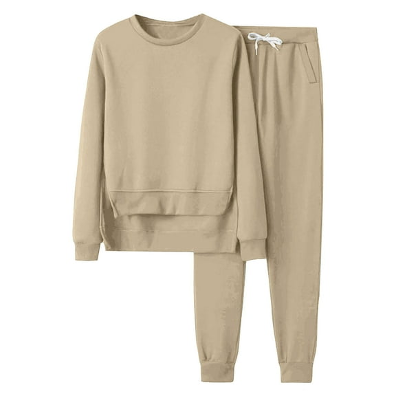 Travel Sets for Women New Women's Two Piece Lounge Sets Matching Long Sleeve Sweatshirt and Long Pants Sweatsuits Fall Trendy Outfits Khaki S