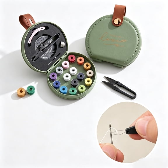 Travel Sewing Kit 12-Color Thread Spools, Dual-Layer Rotating Tray, Scissors, Needles, Thimble, 5.4"4.9"1.8" Mint Green Case for Adults & Beginners