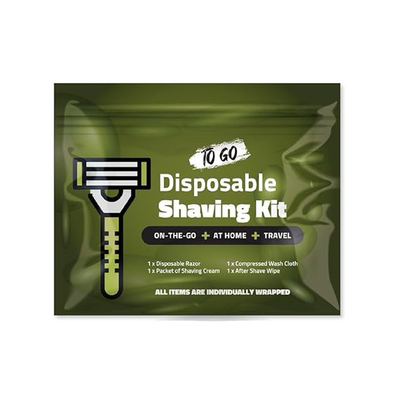 Travel Shaving Kit with Razor, Shaving Cream, Washcloth and Aftershave Wipe, Men's Disposable Grooming Pack (Green) (1)