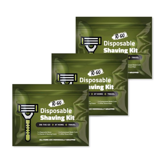 Travel Shaving Kit with Razor, Shaving Cream, Washcloth and Aftershave Wipe, Men's Disposable Grooming Pack (Green) (3)