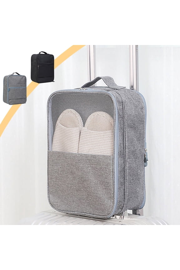 Travel Shoe Bag Waterproof Organizer • 4 Pair Capacity Storage Pouch • Gray Cloth • 3-Layer Zippered Case • Portable, Fits Size 12, Home & Travel Use