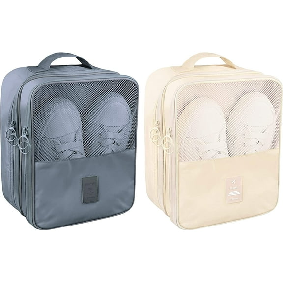 Travel Shoe Bags, 2 Pcs of Shoe Organizers Set for Suitcase, Hold 3 Pair of Shoes, Waterproof Shoe Packing Cubes for Travel and Daily Use. (Grey+Beige)