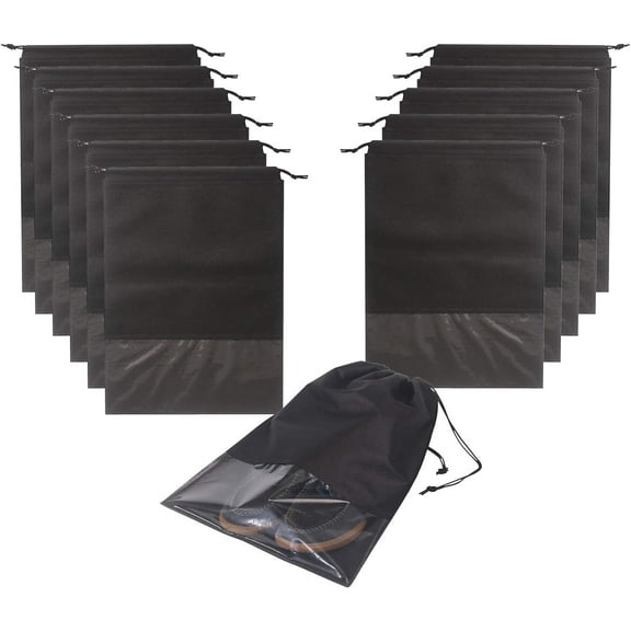 Travel Shoe Bags with Drawstring, Large Travel Shoe Bags for Packing with Clear Window, Shoes Pouch Storage Multiuse Packing Organizers for Men and Women 16 Pcs(Black)