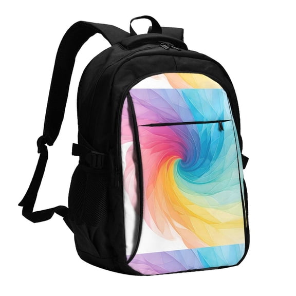 Travel Shoulder Computer Backpack 18 X 13.4 X 8.3in With Usb Cable And Music Jack Multi-Space Pocket Darkmagenta Tie-Dye Background Rainbow Colors (3)