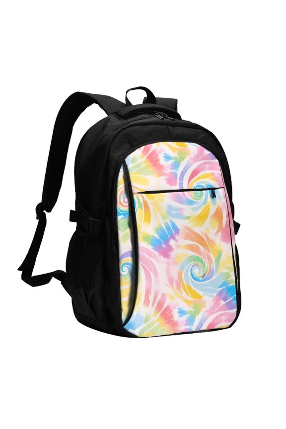 Travel Shoulder Computer Backpack 18 X 13.4 X 8.3in With Usb Cable And Music Jack Multi-Space Pocket Lightgrey Tie-Dye Background Vibrant Colors And Swirling (4)