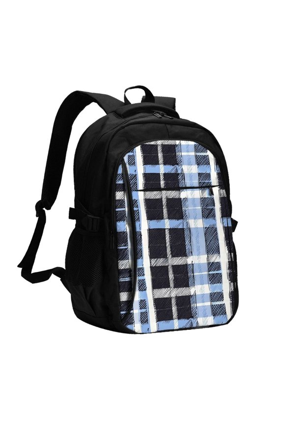 Travel Shoulder Computer Backpack 18 X 13.4 X 8.3in With Usb Cable And Music Jack Multi-Space Pocket Mediumblue Houndstooth Buffalo Plaid Tartan Check Scotland Hand-Drawn Sketch_3