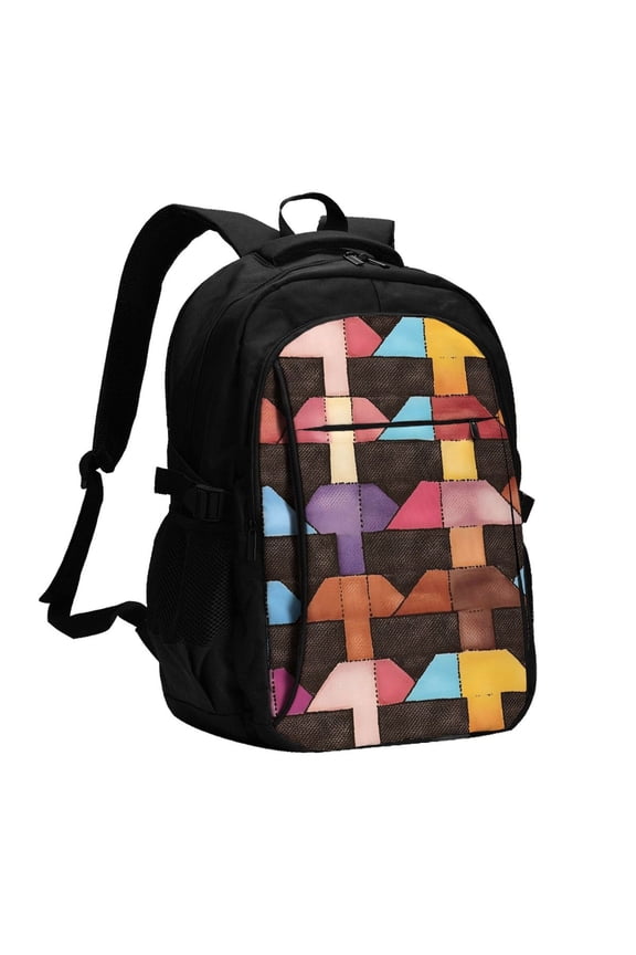 Travel Shoulder Computer Backpack 18 X 13.4 X 8.3in With Usb Cable And Music Jack Multi-Space Pocket Saddlebrown Colorful Houndstooth Hand-Drawn Sketch_2