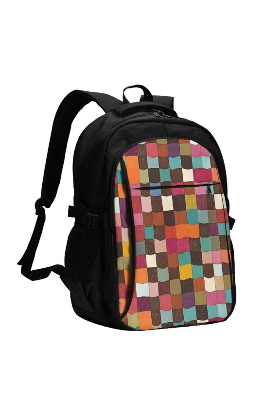 Travel Shoulder Computer Backpack 18 X 13.4 X 8.3in With Usb Cable And Music Jack Multi-Space Pocket Saddlebrown Colorful Houndstooth Hand-Drawn Sketch_4
