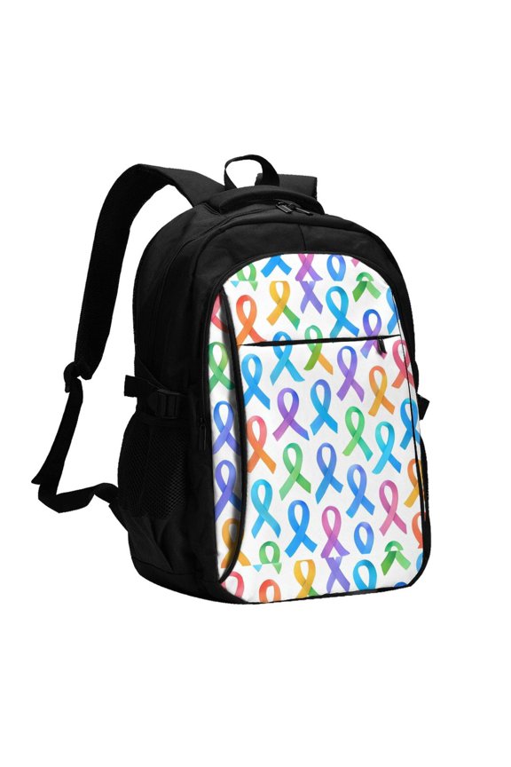 Travel Shoulder Computer Backpack 18 X 13.4 X 8.3in With Usb Cable And Music Jack Multi-Space Pocket Cancer Awareness Ribbon Pattern - Ombr Flow