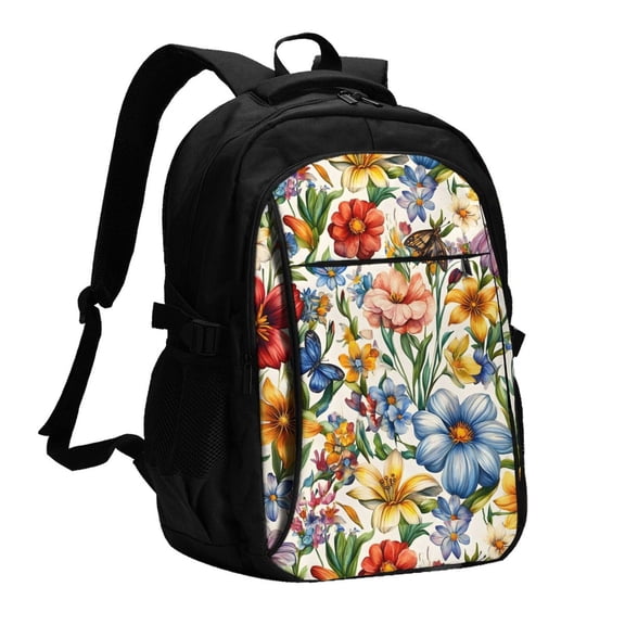Travel Shoulder Computer Backpack 18 X 13.4 X 8.3in With Usb Cable And Music Jack Multi-Space Pocket Fall Flowers Lily Flower Butterflies Bees
