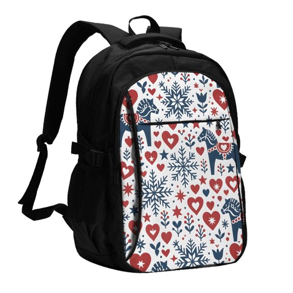 Travel Shoulder Computer Backpack 18 X 13.4 X 8.3in With Usb Cable And Music Jack Multi-Space Pocket Nordic Folk Art Christmas Pattern