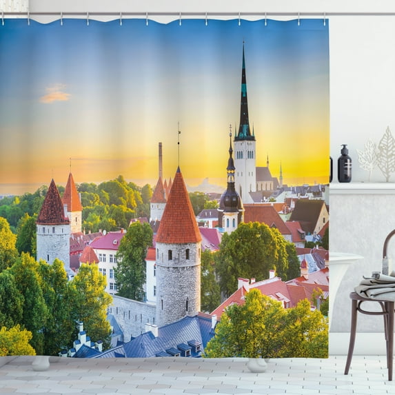 Travel Shower Curtain, Old European Town with Houses and Trees Sunset Sky Picturesque in Estonia Europe, Fabric Bathroom Set with Hooks, 69W X 75L Inches Long, Multicolor, by Ambesonne