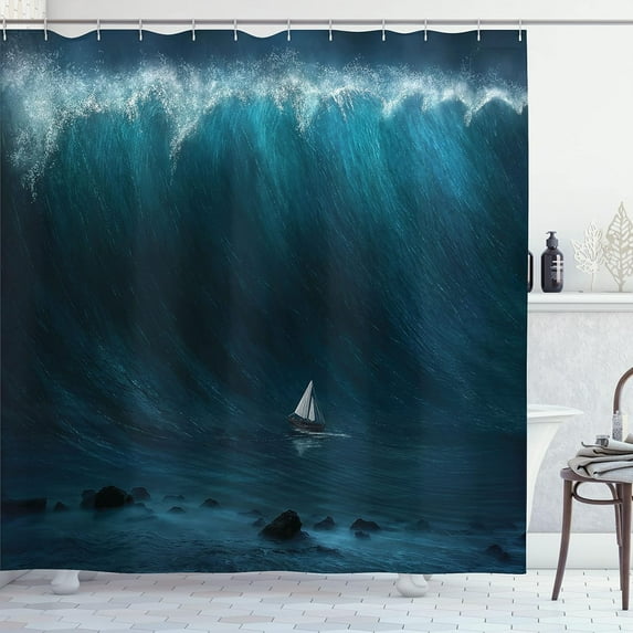 Travel Shower Curtain, Traditional Greek Design Holiday Summer House with Flowers Window Image, Cloth Fabric Bathroom Decor Set with Hooks, Navy Blue