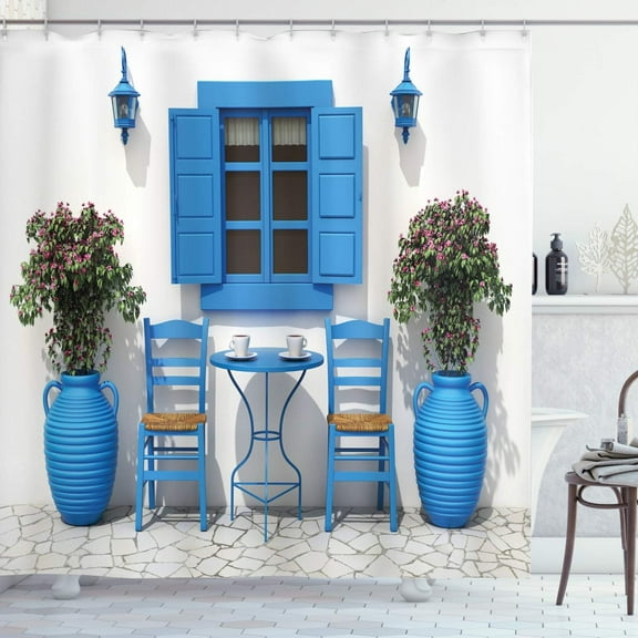 Travel Shower Curtain, Traditional Greek Design Holiday Summer House with Flowers Window Image, Cloth Fabric Bathroom Decor Set with Hooks, Navy Blue