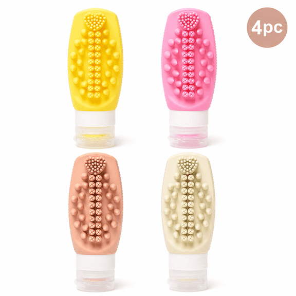 Travel Silicone Squeeze Bottles 4-Pack, Leakproof Refillable Toiletry Containers with Built-in Scalp Massage Brush, TSA-Friendly Portable Travel Dispenser Set for Shampoo & Lotion
